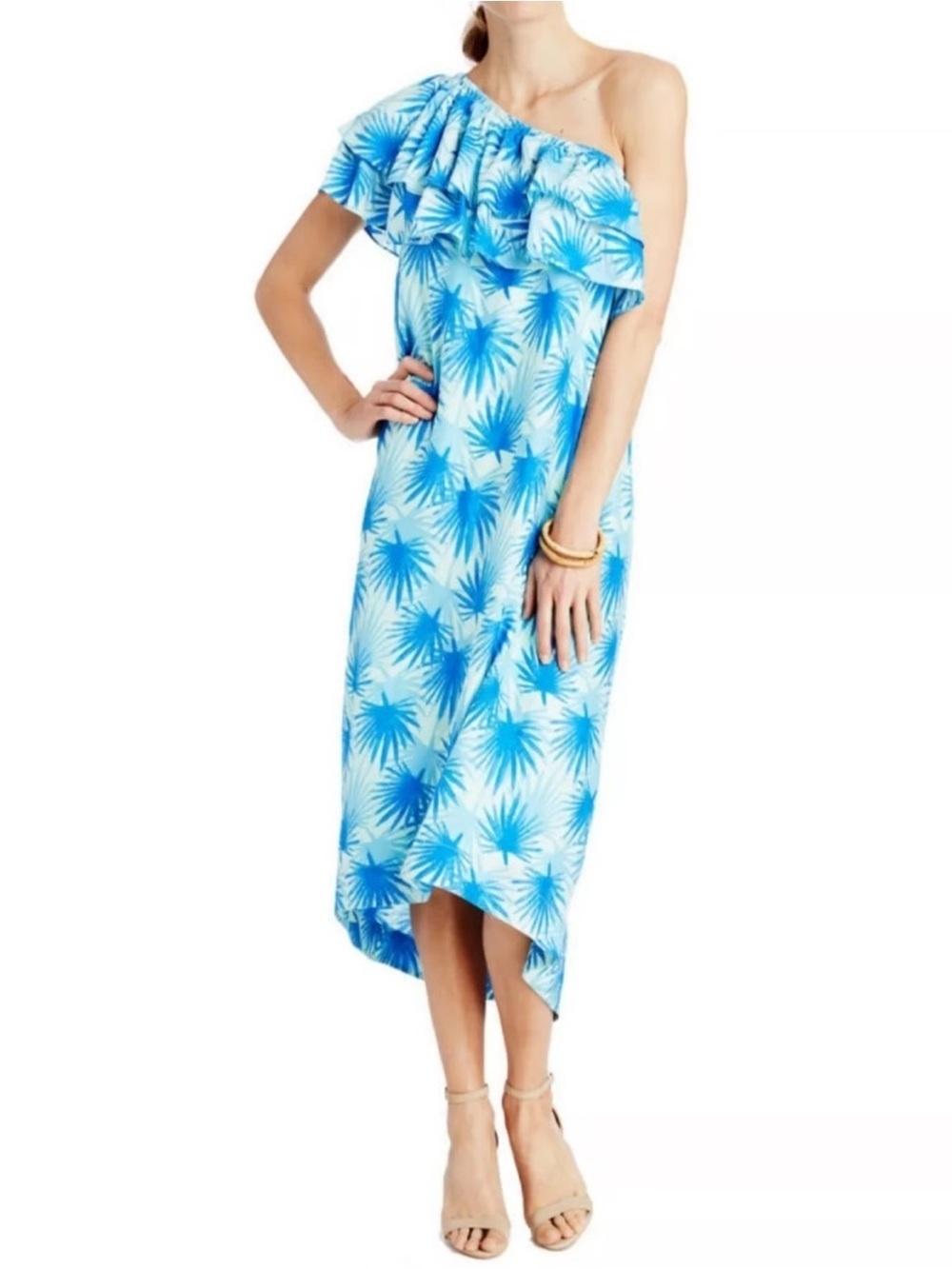 Vineyard Vines Blue and Aqua Palm Print Off-Shoulder Dress